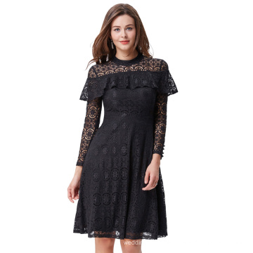 Kate Kasin Women's Ruffled Long Sleeve High Neck Lace A-Line Dress KK000505-1